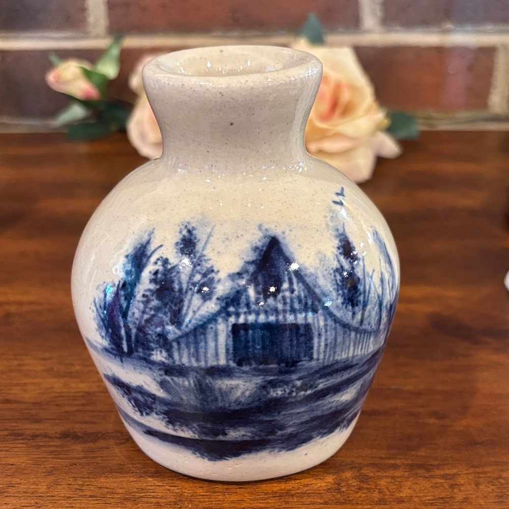 Handcrafted Ceramic Vase with Hand Painted Blue Landscape Design